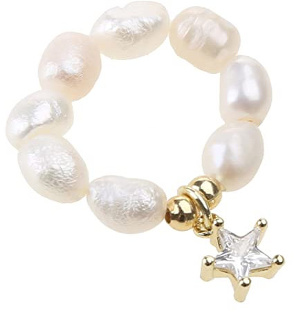 Itkcozcg Modeschmuck, Süßwasserperlen, elastischer Finger-Schmuck, Stern-Herz-Ringe für Frauen, Party, geometrischer Schmuck, Size reference picture#, Kupfer-Süßwasserperle