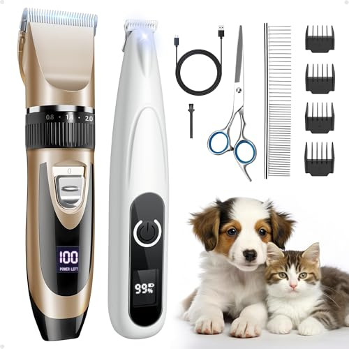 PAPMINI Dog Clippers and Paw Trimmer, 2 in 1 Low Noise Rechargeable Dog Grooming Kit, Pet Shavers for Grooming Small Puppy Cats Animals (Light Gold)