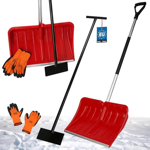 KOTARBAU® Set Schneeschaufel mit Aluminiumstiel 135 cm Eisschaber 119 x 20 cm + Handschuhe warm Schneeschieber Schneeschaufel Auto Stoßscharre mit Stiel Schaufel mit Stiel
