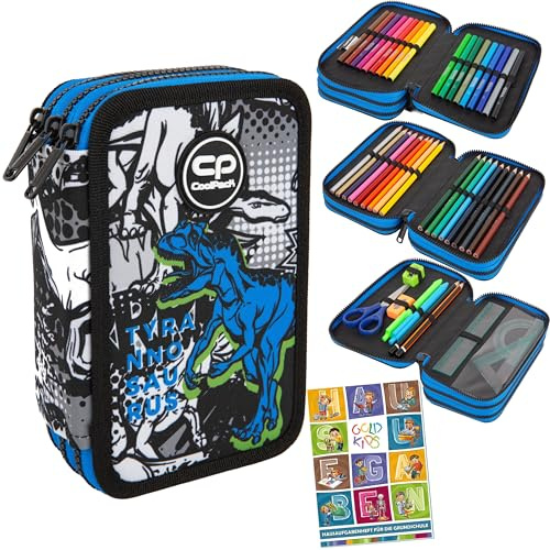 Goldkids - Federmäppchen 3 Fächer - Mäppchen für Mädchen und Jungen - Federmappe 3-Fach Federtasche Gefüllte Schüleretui Schulmäppchen und Hausaufgabenheft - Dinosaurier Motiv
