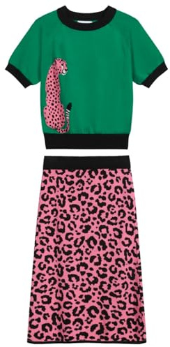 OXKNIT Camicia da donna rosa leopardata e verde con motivo leopardato vintage a maglia, 2 pezzi, set estivo casual, verde, M