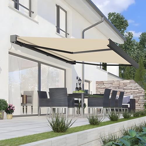 Primrose Electric Awning 4.5m x 3m Remote Control Ivory White Deluxe Full Cassette DIY Patio Awning with Lights Gazebo Canopy Complete with Fittings and Winder Handle