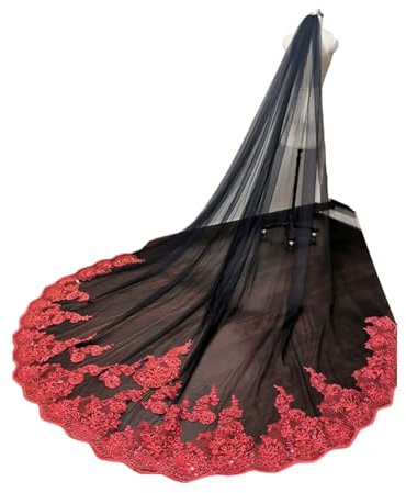 LCUVIMPEX Schleier ，Hochzeitsschleier für Braut Schleier Schwarzer Tüll-Hochzeitsschleier mit Glitzer-Pailletten Roter Spitze Langer Brautschleier mit Kamm Einlagiger 300CM Kathedralenschleier