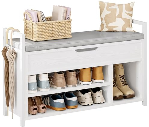 IRONCK Banc à Chaussures avec Assise, Banc de Rangement, Compartiments Ouverts, Cadre en métal, Cuir synthétique, Charge maximale : 130 kg, étagère à Chaussures pour entrée, Couloir, Salon, Chambre à
