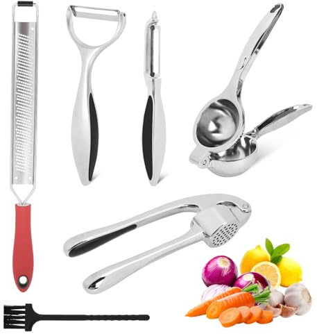 Lemon squeezers|Cheese grater|Micro planes grater|garlic crusher|Potato peeler, Cheese Grater Red & Brush- Lemon Squeezer - Set of 2 Peelers - Garlic Press, Stainless Steel - Rust Proof