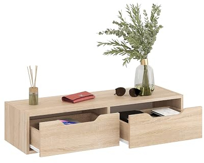 KOMTO Wandregal Sonoma Eiche mit 2 Schubladen – Wandkommode für Schlafzimmer, Garderobe Hängeschrank, Schminktisch Wandmontage, Wandschublade | Nachttisch Hängend NOKA 100 x 32,5 x 22 cm