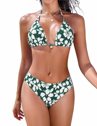 Nadeer Conjunto de Bikini Mujer Brasileño Traje de Baño 2 Piezas Sexy Halter Triángulo Push Up Relleno Bañadore Conjunto Cintura Alta Estampado Floral de Playa Natacion(Flores Verdes,XS)