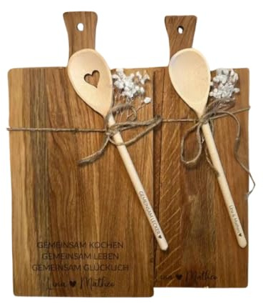Schneidebrett Eiche mit Gravur & Kochlöffel – personalisierbar | Geschenk Hochzeit, Einzug, Pärchen Holzbrett 40×20 cm geölt Hochzeitsgeschenk aus Holz, Servierbrett mit Griff (Mit Kochlöffel Herz)