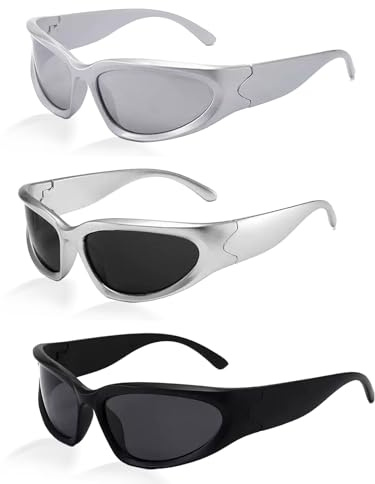 XDGBGFN Y2K Lot de 3 paires de lunettes de soleil vintage pour homme et femme - Lunettes de soleil Futuristes Rave légères enveloppantes - Lunettes de cyclisme rectangulaires
