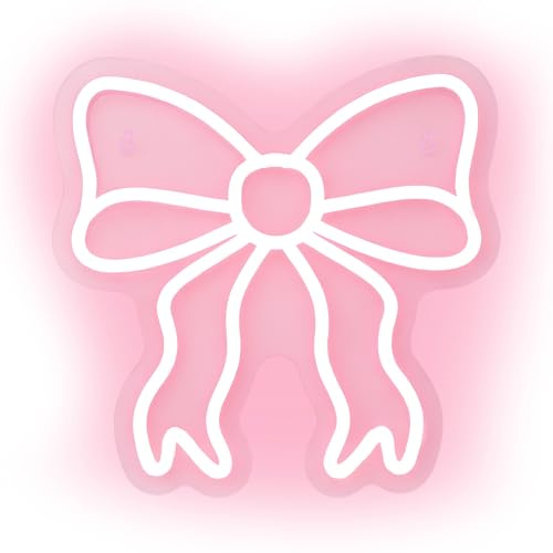 Pink Bow Neon Light Sign with USB Power, Decorative LED Lights 9 Level Brightness Adjustment, Cute Bow Bedroom Accessories with Soft Glow for Girls