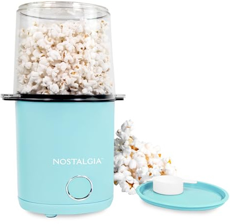 Nostalgia Hot Air Popcorn Maker, 8 Cups and Lid, 2 in 1 Measuring Cup Oil Free for Movie Nights, Snacks, Birthday Parties and More