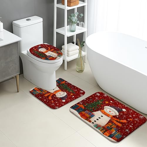 Weihnachts-Badematten-Set, 3-teilig, Schneemann, Winterdekoration, saugfähig, rutschfest, WC-Vorleger, U-förmig, waschbar, festlich, schnell trocknend, Flanell-Badezimmerteppich-Set