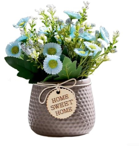 Fiori finti margherite in vaso di ceramica per uso decorativo in casa e ufficio, bouquet artificiale per centrotavola (fiori blu)