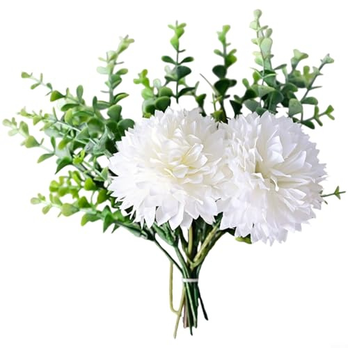 HEIBTENY Juego de 2 ramos artificiales de crisantemo blanco con pétalos de seda y hojas verdes, arreglo floral realista para decoración del hogar, lugares de boda y accesorios de fotos