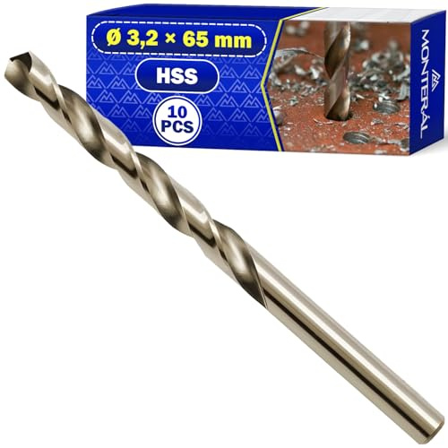 10 x HSS Punte Trapano Metallo Ø3,2mm 65mm Acciaio Temprato M35 5% Cobalto | Punte Trapano Ferro per Ferro Acciaio Metalli Non Ferrosi - MONTERAL