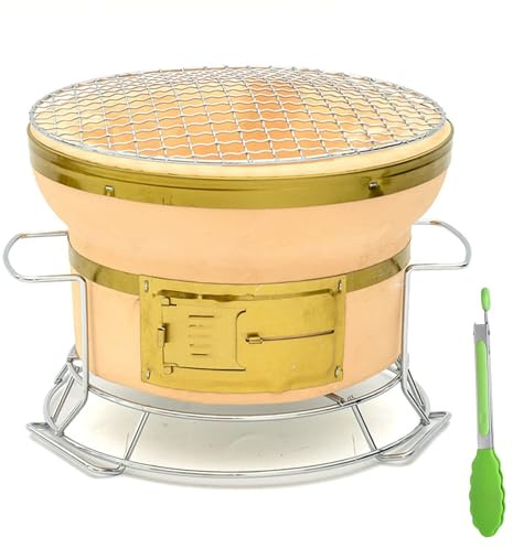Portable Small Round Hibachi Charcoal Grill - Japanese Ceramic Clay Tabletop BBQ Cooker with Handles & Tongs