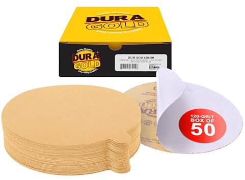 Dura-Gold Premium 6 Gold PSA Sanding Discs - 120 Grit, Box of 50 - Self Adhesive Stickyback Sandpaper for DA Sander, Finishing Coarse-Cut Abrasive - Sand Automotive Car Paint, Woodworking Wood, Metal