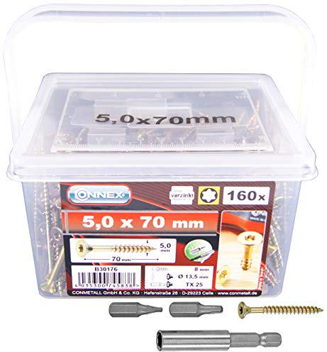 Connex Universalschrauben 5,0 x 70 mm - 160 Stück im Set - Senkkopf - TX-Antrieb - Teilgewinde - Gelb verzinkt - Inkl. Magnethalter & 2 Bits / Schrauben-Set / Schrauben-Eimer / B30176