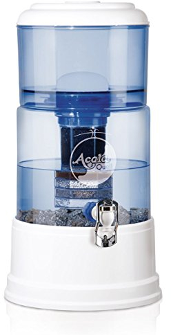 Acalaquell mini Water Filter System | bianco | con serbatoio di vetro | blu - fiore della vita simbolo inciso - fondo. Cristallo vetro serbatoio capacità 5 litri. Filtrazione della gravità naturale