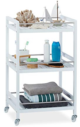 Relaxdays Servierwagen Bambus, 3 Ablagen, 360° drehbare Rollen, Edelstahl-Stangen, Küchenwagen, HBT: 76,5x46x38 cm, weiß