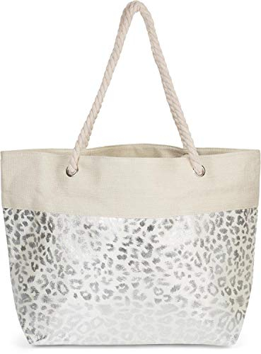 styleBREAKER Große Strandtasche mit Metallic Leo Print | Damen Shopper mit Kordelhenkel und Reißverschluss | Badetasche mit Animal Muster 58 x 38 x 20 cm, Farbe:Beige-Silber