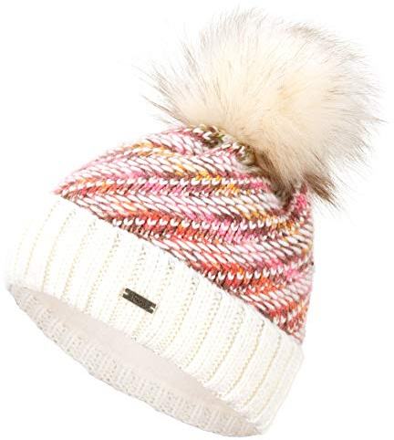 Faera Wintermütze Mütze Damen warm gefüttert mit Kunstfell Bommel Bommelmütze Fleecefutter Winter Strickmütze Beanie Mädchen 42, Farbe:Creme
