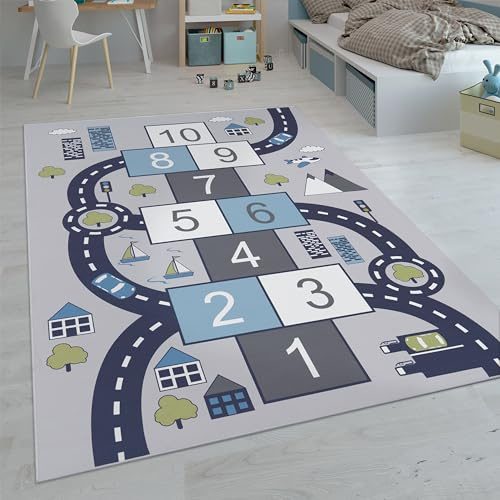 Paco Home Tappeti da gioco a pelo corto colorati per camerette dei bambini con diversi motivi, Dimensione:140x200 cm, Colore:Grigio