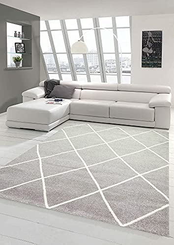 Teppich-Traum Skandinavischer Stil Wohnzimmerteppich Rautenmuster - pflegeleicht - grau Creme weiß Größe 80x150 cm