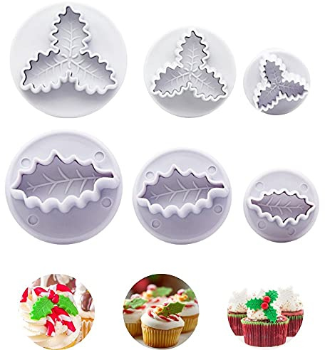Orapink 6 Pieces Holly Leaf Cookie Cutters Plunger Set 3D Christmas Biscuit Fondant Cutter for Baking,Cake Decorations