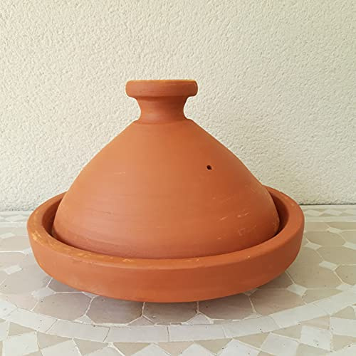 Moroccan Tagine Original from Morocco Unglazed Diameter 34 cm Round Natural Tajin Tagine Clay Pot for Cooking for 4-5 People Garden Pot Casserole Pot Non-Toxic Clay Compost Hand Pottery from Marrakesh