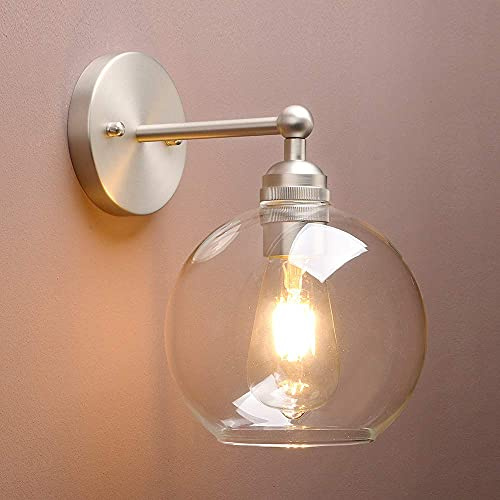 Yosoan Brass Boho Vanity Bathroom Wall Sconce, 1-Light Indoor Hardwired Wall Mounted Vintage Industrial Fixture Lights with Double Hole Round Glass Lamp for Mirror, Living Room, Hallway(Brushed)