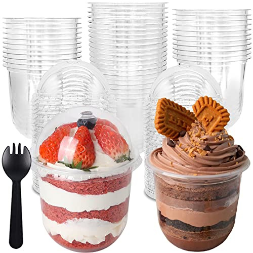 Jnnzzggu 50 Pack 12oz Clear Plastic Cups with Dome Lids and Sporks No Hole Disposable Fruit Cups for Dessert,Cupcake,Parfait,Pudding,Iced Cold Drinks,Snacks,Fruits,Bakeries,Ice Cream