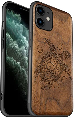 Carveit Coque pour iPhone 11 [Élégant Noyer] [Pare-Chocs en TPU Souple] Coque de téléphone Antichoc Compatible avec 11 Coques en Bois (Tortue de mer)