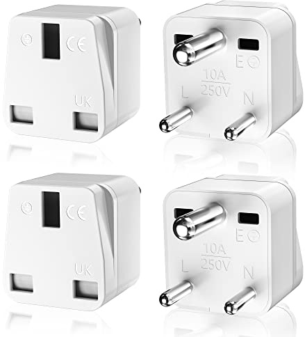 PABANCE 4 Pack 3 Pin UK to India Plug Adapter, UK to India/Sri Lanka Travel Adapter, Type D Plug Adapter, for India, Sri Lanka, Pakistan, Yemen(White)