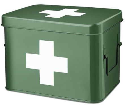 Flexzion First Aid Box Organizer, Empty 8.5 Inch Green Vintage First Aid Kit Tin Metal Medical Box First Aid Storage Box Container Bins with Dividers, Removable Tray and Cross Logo