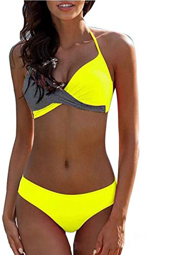 Bikini Damen High Waist Bikini Oberteil Tankini Damen Mit Shorts Bikini Push Up V-Ausschnitt Einfarbiges Spaghetti Bikini Set Triangel Bikini Neckholder Zweiteiliger Badeanzug Tankini Damen Gelb Xxl