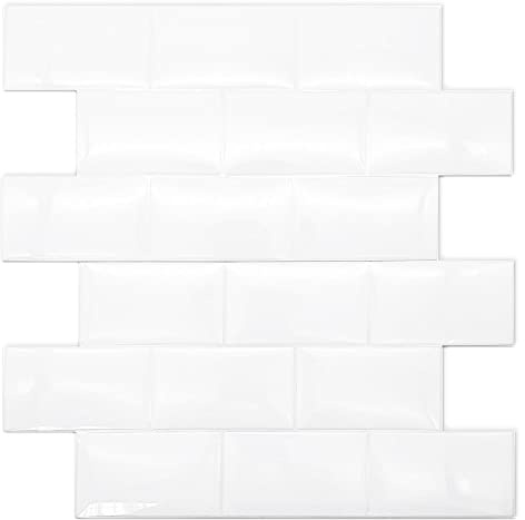 WALPLUS 20 PCS Pure White 3D Tile Stickers 15.4 x 30.5 cm, Peel and Stick Waterproof Self Adhesive Wall Tiles for Kitchen Bathroom Splashback
