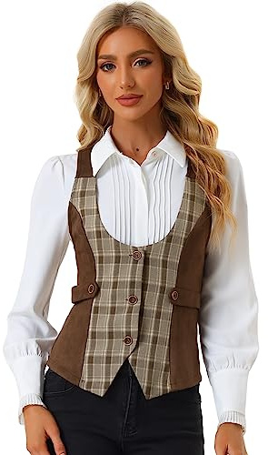 Allegra K Damen Ärmellos Vintage Weste Plaid Knopfleiste Elegant Kariert Westen Braun S