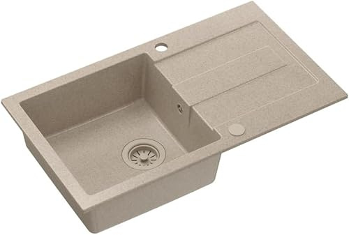 QUADRON Spülbecken Spüle Beige | Größe 78 x 45 x 18,5 cm | Granit Granitspüle CHRISTIAN 111 Einzelbecken Küchenspüle | mit manuellem Siphon und Abtropffläche | 1 Becken Einbauspüle