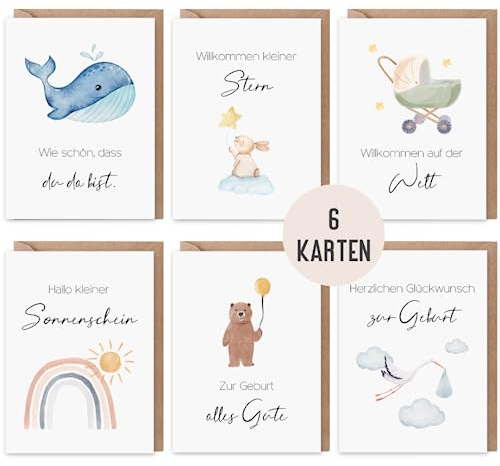 6 Glückwunschkarten Baby zur Geburt | Set mit 6 Klappkarten inkl. Naturkuvert für Mädchen & Jungen zur Geburt | süße Aquarell Grußkarte DIN A6 Hello Baby | Willkommenskarte Geschenk Neugeborenes