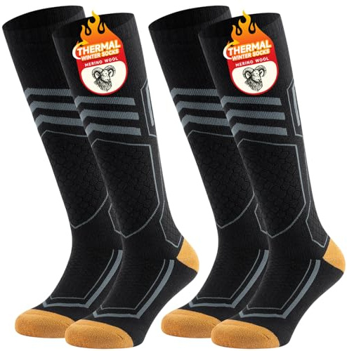 Performance thermal Merino Wool Ski Socks with Over the Calf Design Non-Slip Cuff for Skiing Snowboarding Outdoor Sports 2 Pairs,Black,M