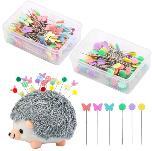 200 Stück Quilting Stecknadeln mit Blumenkopf, Mehrfarbige Stecknadeln mit Nadelkissen Igel Form Pin Halter, Stecknadeln mit Kopf Lang Dekorativ Nähnadeln für DIY Nähen Handwerk
