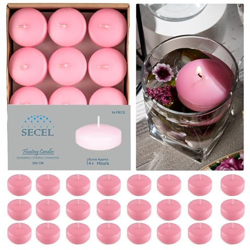 SECEL Pack of 24 Floating Candles 2 Inch 4+Hours Paraffin Wax%100 Cotton Wick Dripless & Smokeless Home Decor, Wedding Decorations, Valentine Decors, Birthday Dinners, Celebrations