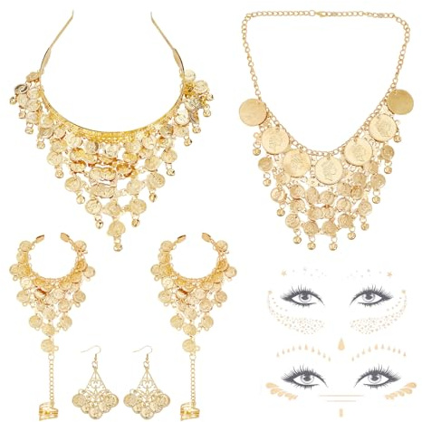 NICENEEDED 6-Teiliges Bauchtanz-Schmuckset, Goldmünzen Kopfschmuck Ohrringe Halskette Armband, Gesicht Temporäre Tattoos Indien Kopfbedeckung