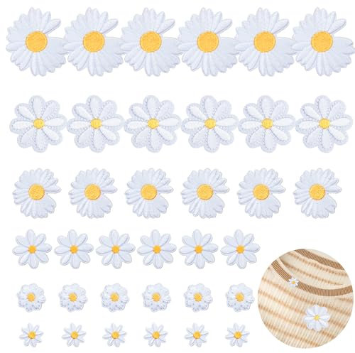 VEPEPE 36 Stk Aufnäher Zum Aufbügeln Gänseblümchen, 6 Größe Blumen Flicken mit Nadeln & Faden, Gänseblümchen Patches Zum Aufbügeln für Erwachsene Kinder DIY