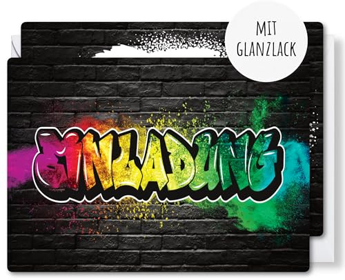 møij 12x Einladungskarten Kindergeburtstag Mädchen & Jungen Graffiti | inkl. Umschläge, partieller Hochglanz-Lack, DIN A6, leicht auszufüllen, ideal für Partyplanung