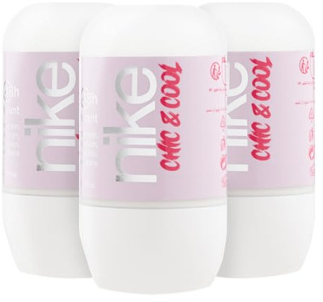 NIKE - Chic & Cool Pack de 3 x 50 ml, Desodorante Mujer Roll-On, Desodorante Antimanchas para Piel Sensible, 0% Alcohol y 0% Sales de Aluminio, de Larga Duración, Fragancia Afrutada