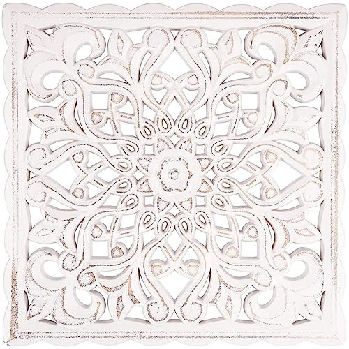 Decoración de pared de madera, paneles tallados únicos de 30 x 30 cm, diseño floral rústico, blanco envejecido, escultura artística para el hogar, pasillo y sala de estar