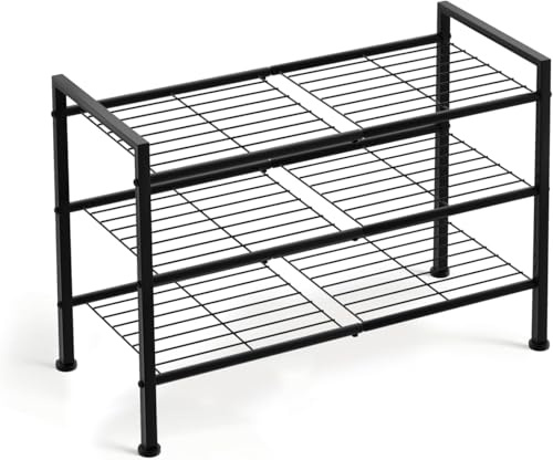 Schuhregal Schwarz Metall 3 Ebenen, Platzsparend, Stapelbar & Verstellbar | Robuster Organizer, für Flur, Garderobe & Eingangsbereich, platzsparendes Metall Schuhregal, Shoe Rack, einfache Montage