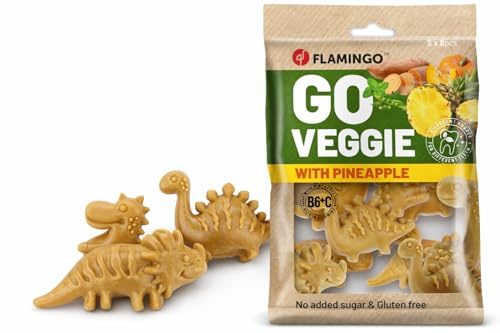 Flamingo Leckerli Hund – Veggie Dino mit Ananas groß – 120g – glutenfrei – kalorienarm – Zahnpflege Snack